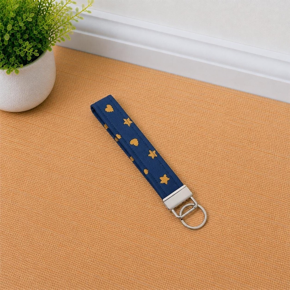 Handmade Navy Blue Pixel Heart Star Fabric Wristlet Keychain Silver Hardware